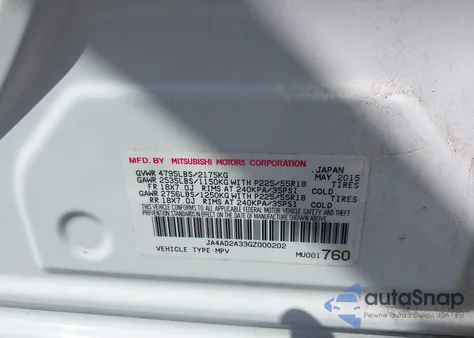2016 Mitsubishi Outlander Es z USA, uszkodzony, nr VIN JA4AD2A33GZ000202